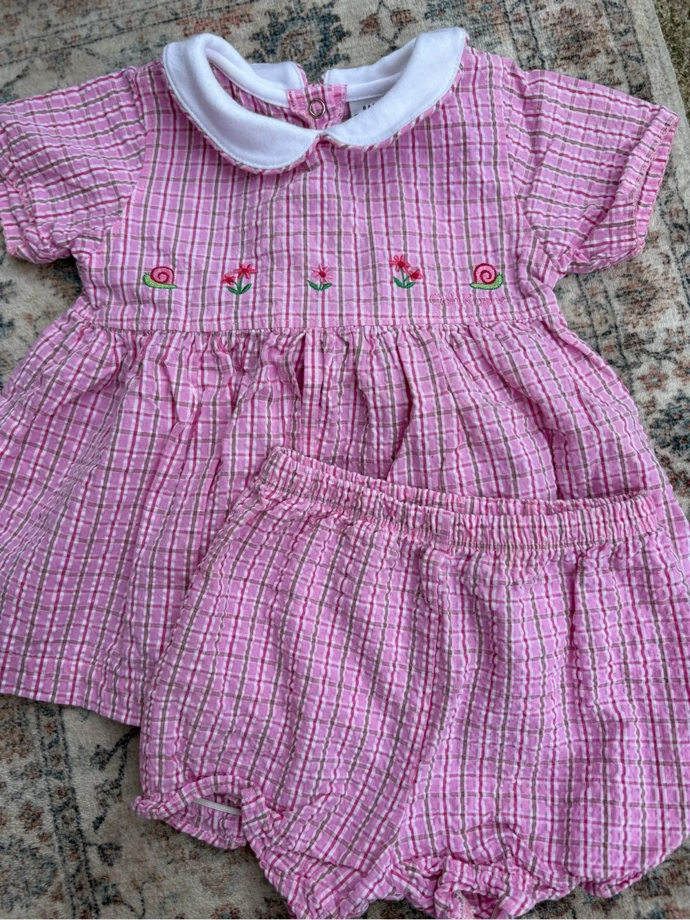 Vintage Oshkosh B’Gosh Girls Plaid Pink Slit Front Dress Floral Embroidered